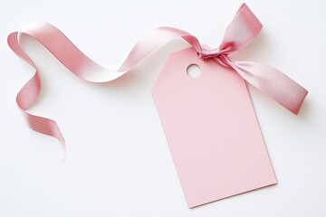 Blank Pink Price Tag Isolated on White Background Pastel Color Empty Gift Card and Curly Ribbon Bow