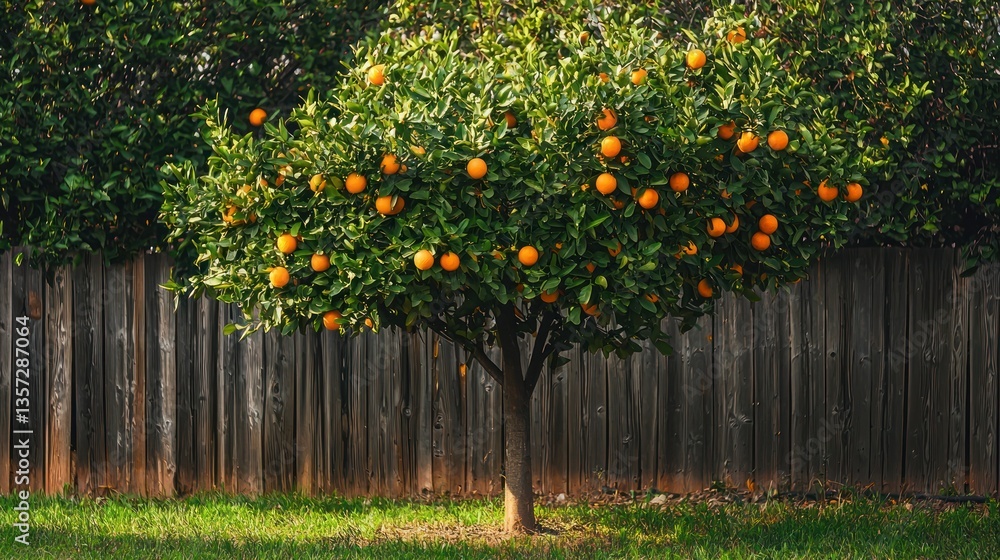 Poster a single orange tree growing in a backyard, surrounded by a fence.