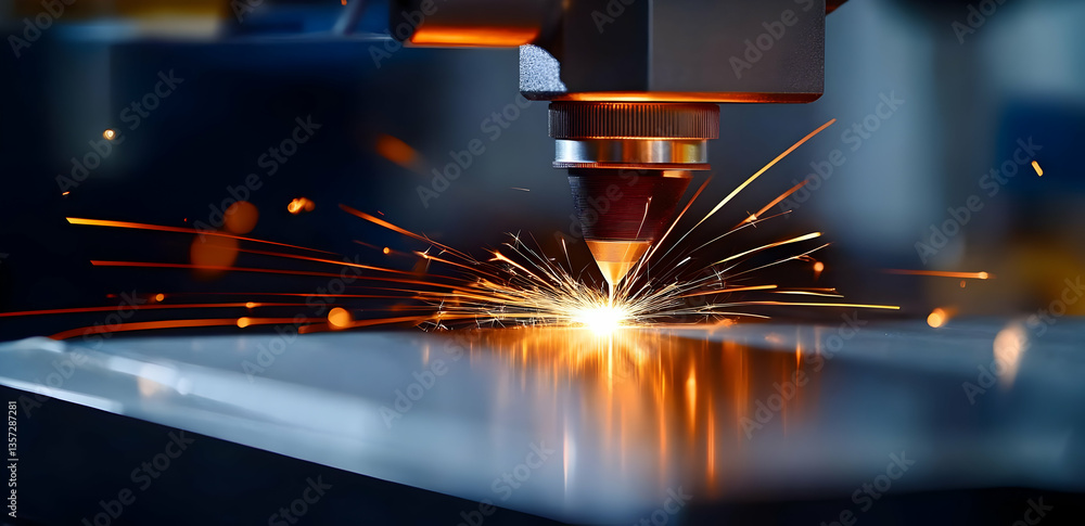Poster a close-up shot of a laser cutting machine in action, demonstrating precision and high-tech engineer