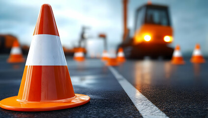 A close-up view of an orange traffic cone on a wet road, symbolizing construction and road safety.