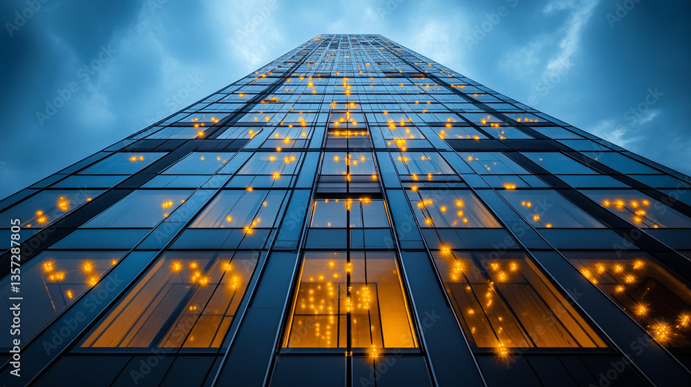 Poster a futuristic building illuminated by glowing digital network lines, representing smart construction 
