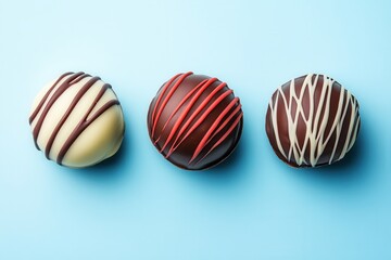 Obraz premium Chocolate Dessert Balls with Decorative Drizzle on Blue Background