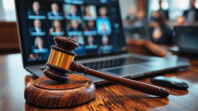 Online court hearing, gavel, laptop, blurred background, remote proceedings, suitable for stock use