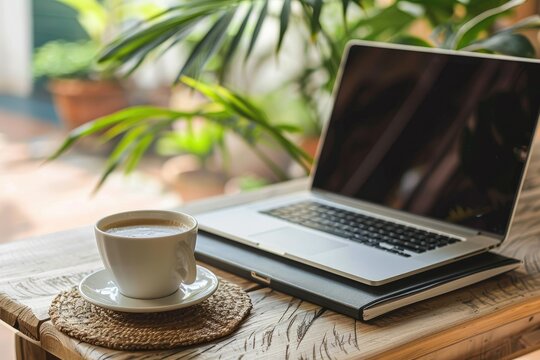 High Quality Image of a Laptop and a Notebook with a Coffee Cup on a Coaster - Powered by Adobe