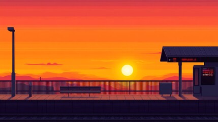 Sunset at a tranquil train station with mountains in the background and empty platform