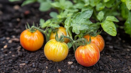 Close Up Of Fresh, Ripe, Colorful Heritage Tomatoes Growing On Green Vine In Garden Bed