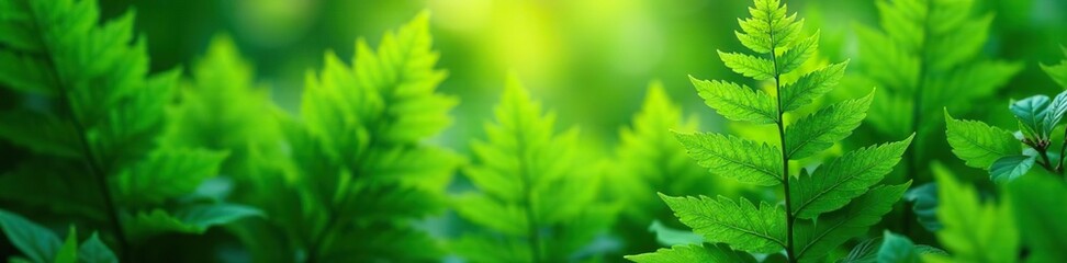 Fototapeta premium Beautiful lush fern leaves with vibrant green foliage creating a natural floral background, illuminated by sunlight with a gentle glare on the leaves, sunlight, beautiful