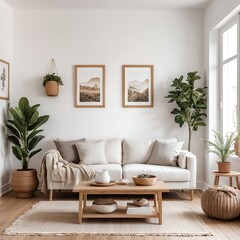 Modern Minimalist Living Room Interior with Neutral Tones and Greenery
