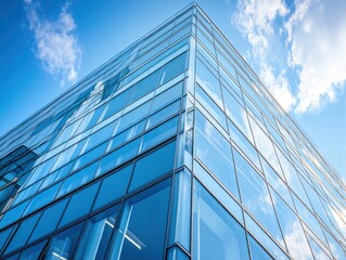 Obraz premium Modern glass office building with natural lighting and space for text below