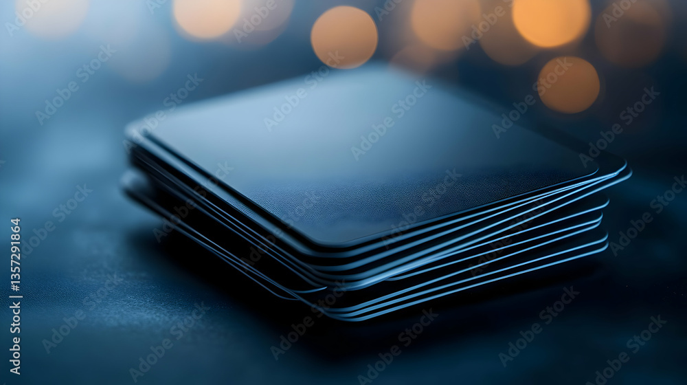 Poster a close-up view of sleek, modern gadgets stacked on a surface with a dark, abstract background. perf