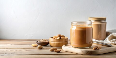 Creamy Almond Butter in Glass Jar with Nuts and Wooden Bowl on Table