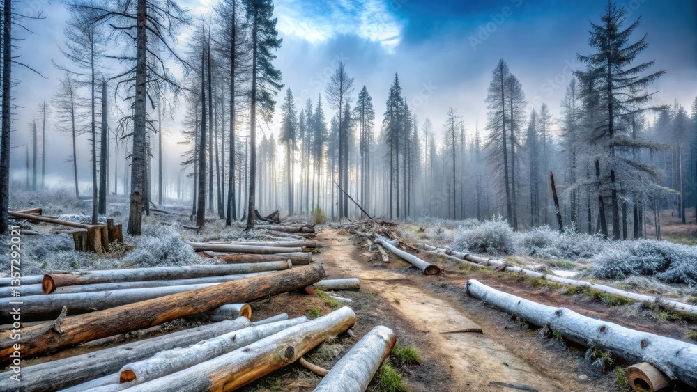 Poster a frosty forest path through a winter logging area with sunlit trees