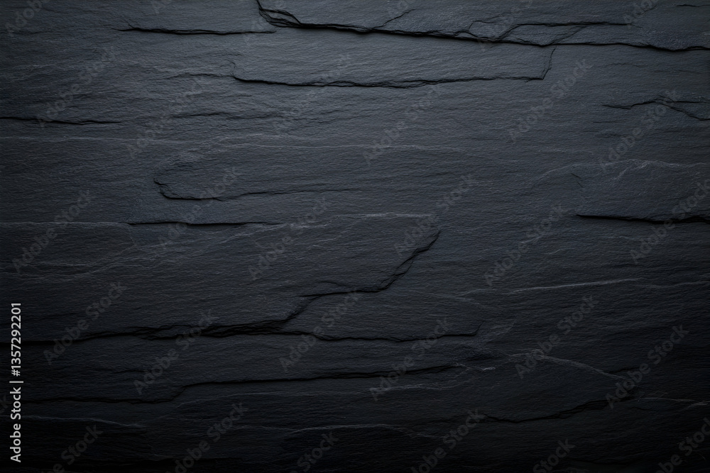 Poster a close-up view of textured slate stone wall, showcasing its layered patterns and dark hues, perfect