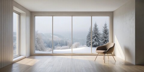 Serene Winter Landscape Viewed from Minimalist Room with Comfortable Chair