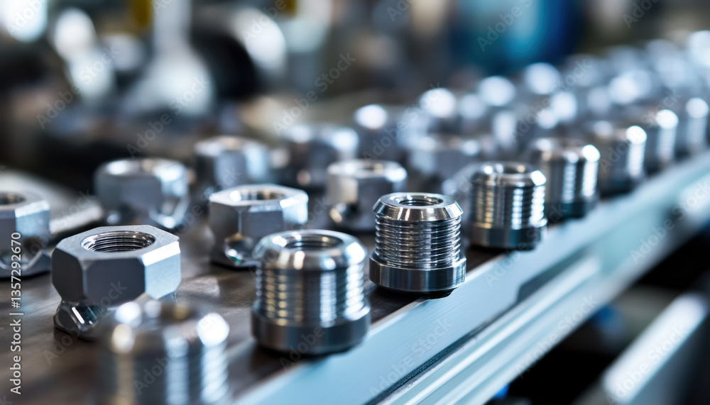 Aufkleber close-up view of a production line filled with various metal components, indicating ongoing assembly