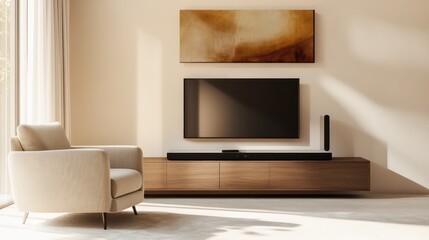 A contemporary living room with a beige armchair and a sleek wood TV stand