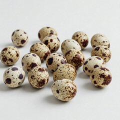 Obraz premium Quail eggs on a white background. Close-up. Selective focus.