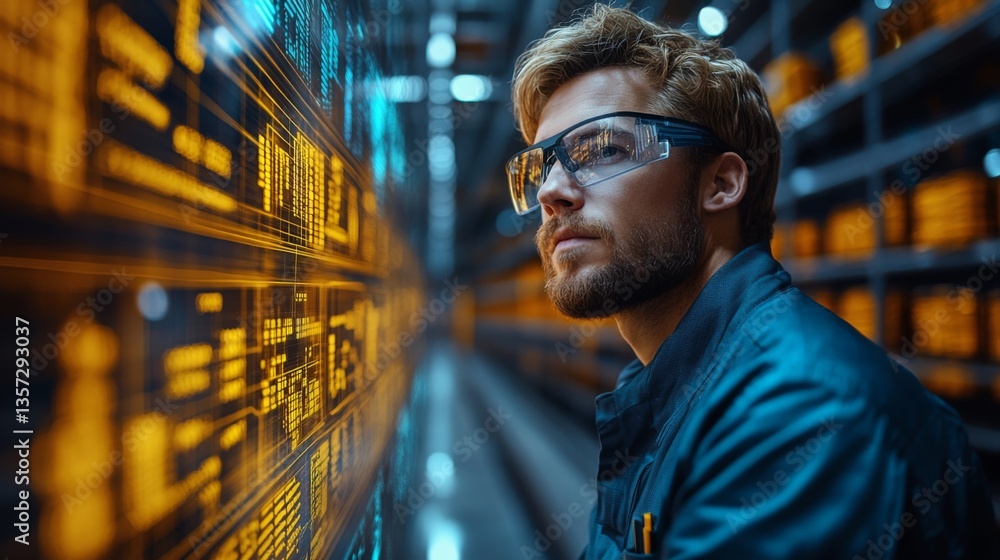 Poster a warehouse worker is focused on reviewing essential inventory information displayed on a high tech 