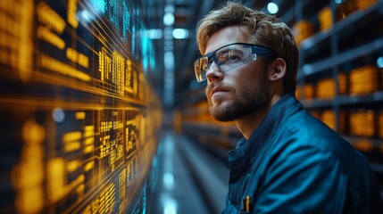 A warehouse worker is focused on reviewing essential inventory information displayed on a high tech screen while surrounded by organized shelves of stock in a logistics environment.