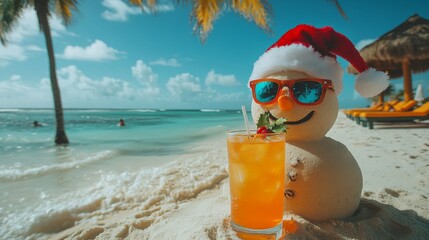 Obraz premium Sandy Snowman Wearing Sunglasses and a Santa Claus Hat Enjoying a Cocktail on a Tropical Beach