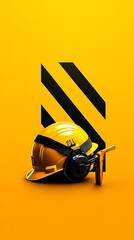 Yellow hard hat with safety, and construction.