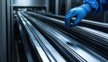 A worker in blue gloves carefully adjusts equipment in a busy industrial facility while focusing on precision and safety