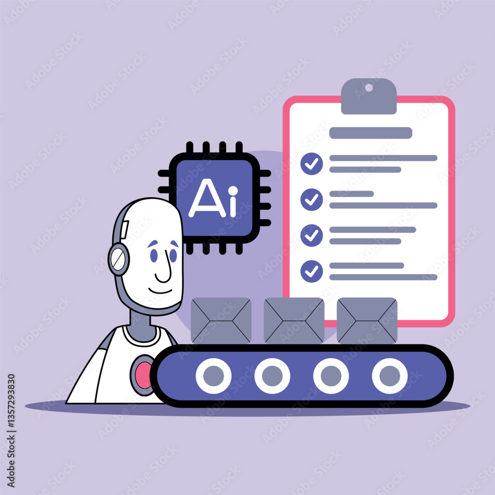 Poster digital assistant engaged in managing conveyor belt with packages. assistant analyzing tasks listed 