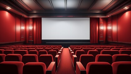 Fototapeta premium cinema auditorium with red seats and white screen on the wall