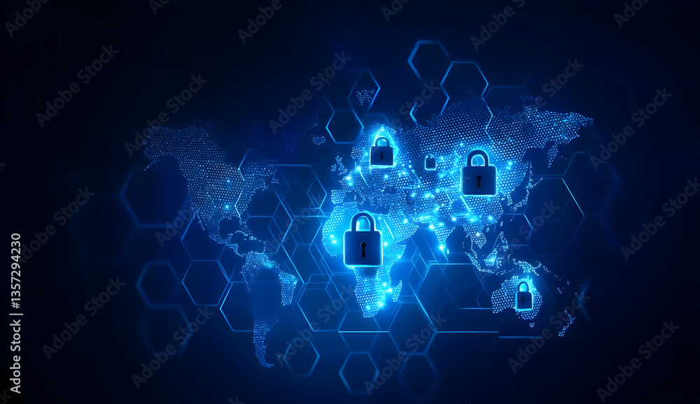 Poster a conceptual image featuring digital locks over a world map, symbolizing online security and data pr