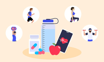 People exercising and taking care of their health with fitness app, water bottle, apple and pills