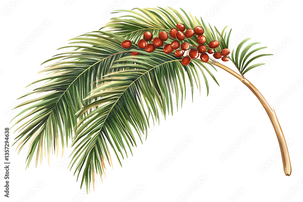 Poster close up of a palm frond with red berries on a branch against a black background image vector