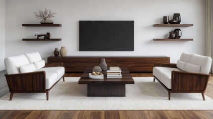 A contemporary living room with a modern white sofa, a dark wood coffee table, and a large TV screen on one wall