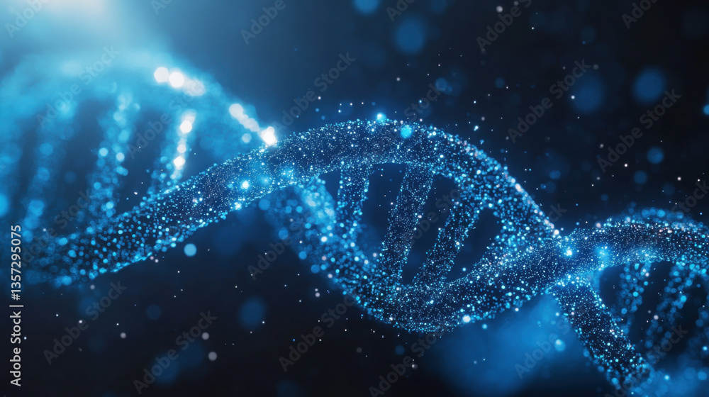 Poster the structure of a double helix dna strand is illuminated in blue tones, against a dark background, 