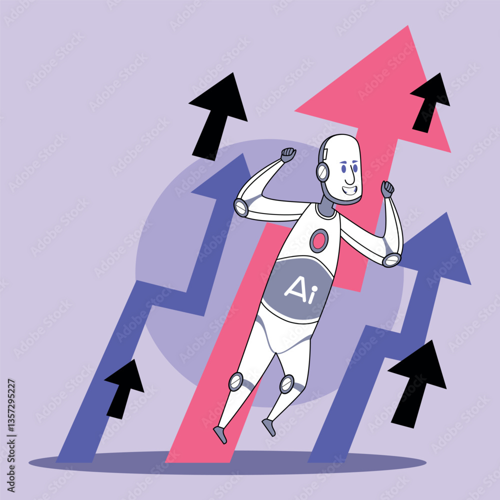 Poster cheerful robot character surrounded by upward trending graphs in vibrant colors. concept of progress