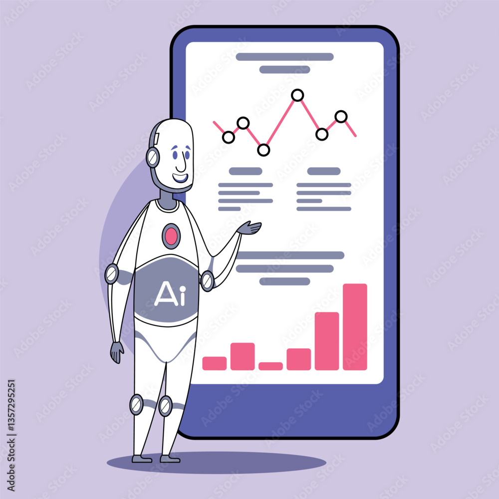 Poster robot character displaying graphs and data trends on large digital screen in modern, colorful settin