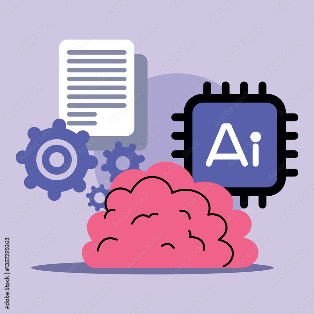 Poster visual representation of artificial intelligence with stylized brain, microchip labeled ai, gears, a