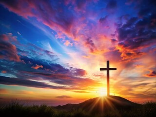 Fototapeta premium Night Easter Sunrise Cross Silhouette, Religious Easter Holiday, Christian Easter Celebration, Spring Easter Background