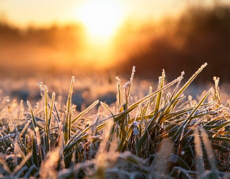 a close up of frost covered grass blades at sunrise with melting ice crystals glistening in the soft morning light