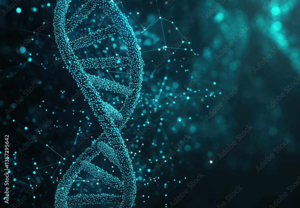 Poster a visually striking digital creation features a detailed double helix structure set amidst a glowing