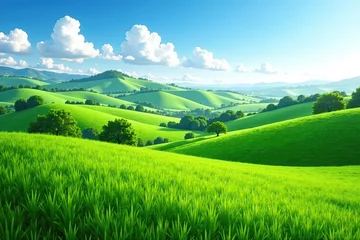 Beautiful rural landscape with rolling hills, lush green fields, and a clear blue sky,  environment,  nature