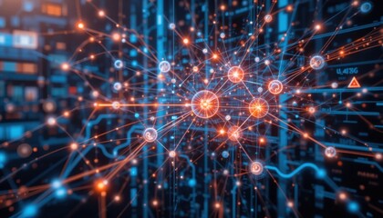 Obraz premium Digital Network: Illuminated pathways of data and information weave together in an intricate network of connections, a visual representation of modern technology.