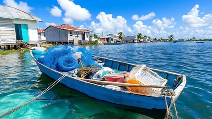 Obraz premium Vibrant Blue Fishing Boat Loaded with Nets in a Tropical Village Setting
