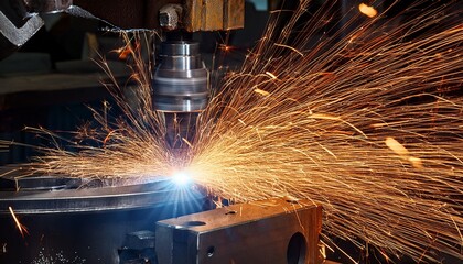 a piece of machinery is cutting through metal creating sparks and debris