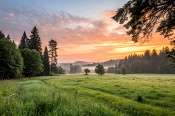 Fototapeta premium A serene landscape featuring a lush green meadow surrounded by trees under a colorful sunrise sky.