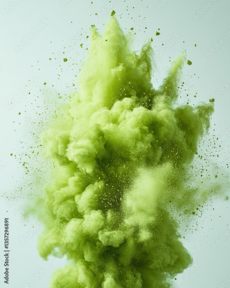 Poster explosive vibrant green powder cloud against a light background creating a dynamic abstract visual w