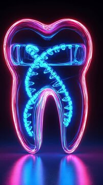 Innovative neon tooth design representing modern dentistry in a digital healthcare environment