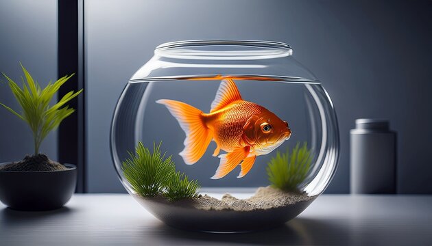 a bright orange goldfish swimming in a small glass aquarium symbolizing outgrown habitat and providing a serene minimalist aesthetic with a focus on clarity