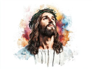 A serene portrait of a man with long hair and a crown, symbolizing peace and hope.