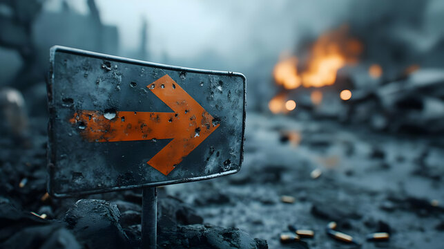 A damaged direction sign pointing right amidst a backdrop of destruction and chaos, symbolizing loss and uncertainty.