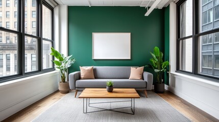 A modern living room featuring a green accent wall, large windows, a gray sofa, wooden coffee table, and indoor plants, creating a bright and inviting atmosphere.